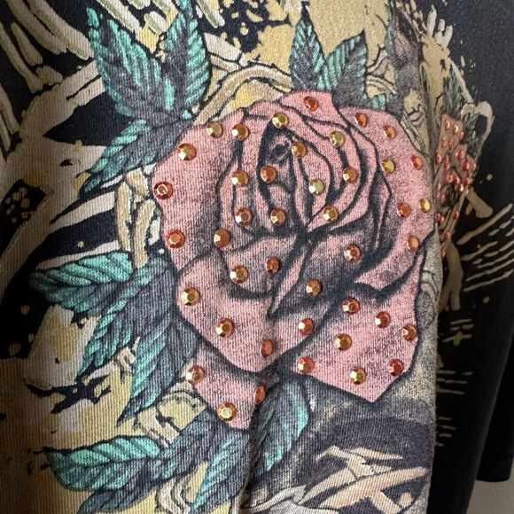 Y2K Avirex Black Skull Rose Rhinestone T-Shirt XXL Biker Grunge Indie Sleaze - Picture 4 of 7